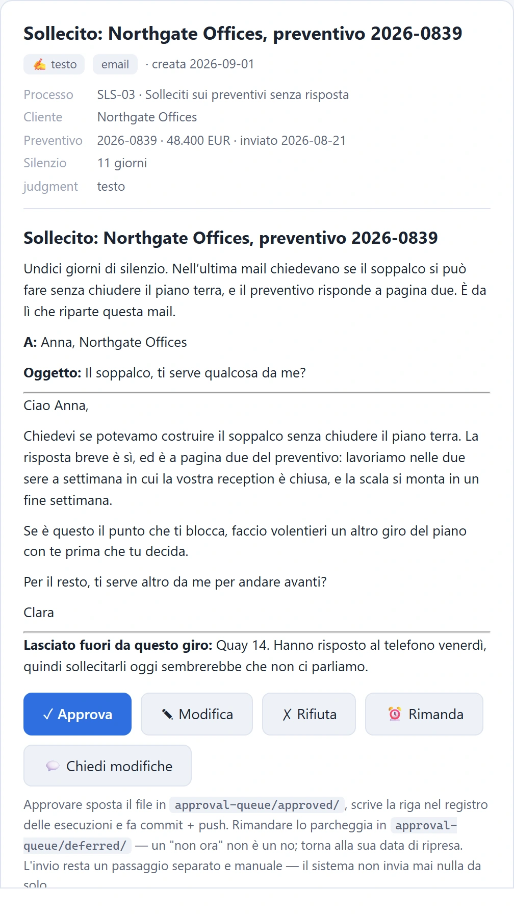 una bozza, aperta